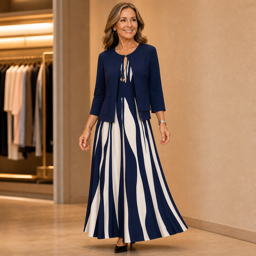Fielina – Striped Two-Piece Maxi Dress And Cardigan Set