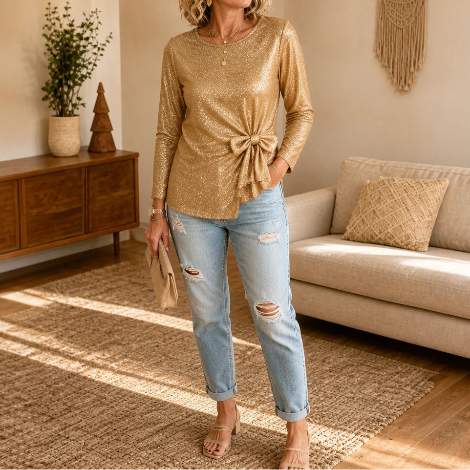 Lumiere – Metallic Shimmer Side-Knot Long-Sleeve Top