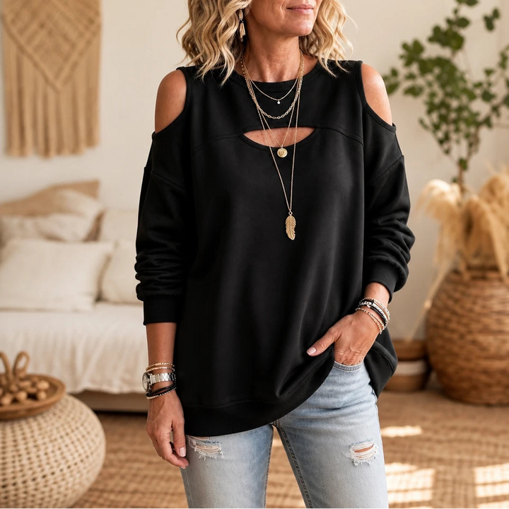 Chicora – Striped Cold-Shoulder Cutout Sweatshirt