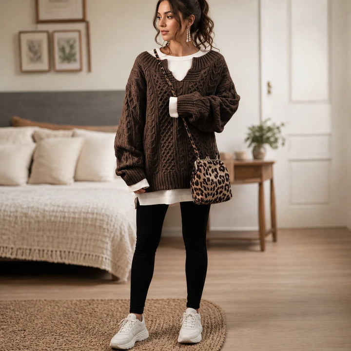 Layerella – Cable-Knit Mock-Layer V-Neck Sweater