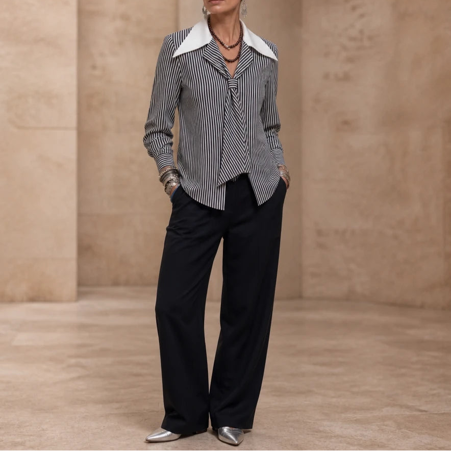 Overa – Black And White Striped Tie-Neck Blouse