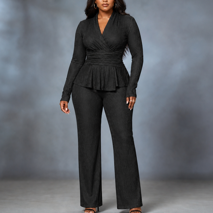 Vessora – Pleated Waist Flared Leg Top And Trousers Set