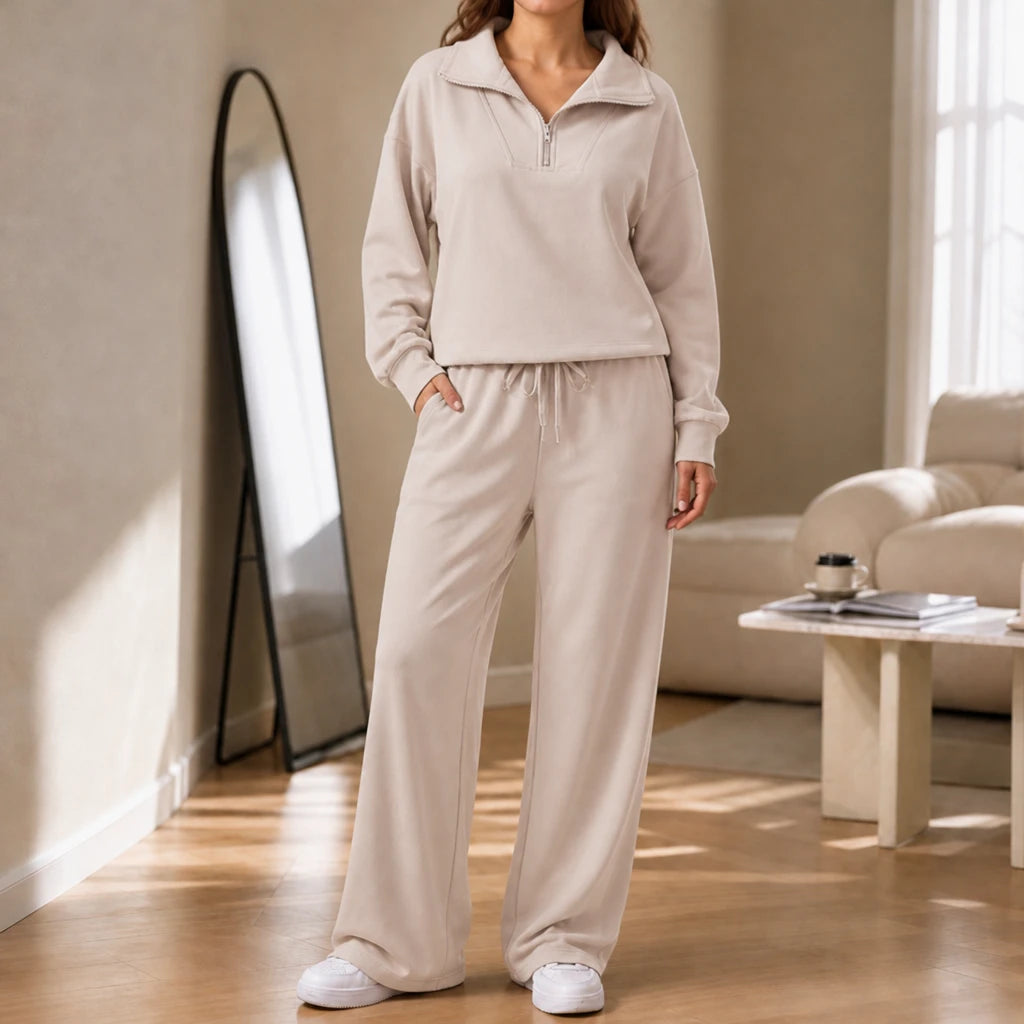 Veya – Quarter-Zip Stand-Collar Blouse And Wide-Leg Trouser Set
