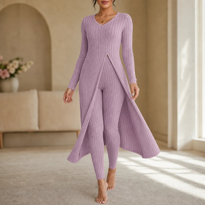 Ribella – Ribbed Side-Slit Tunic And Slim-Fit Pants Set