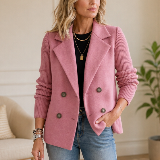 Wearbella – Knit-Sleeve Double-Breasted Blazer