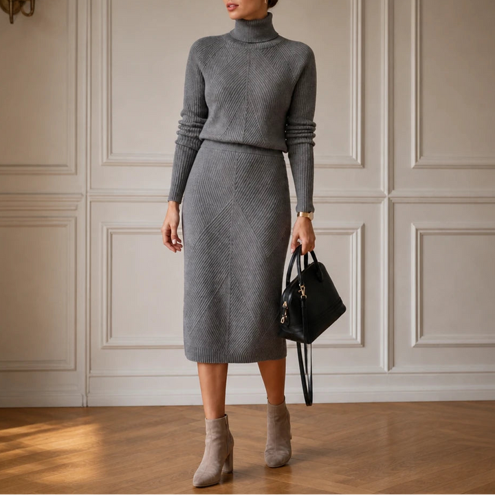 Veluna – Ribbed Turtleneck Sweater And Skirt Set