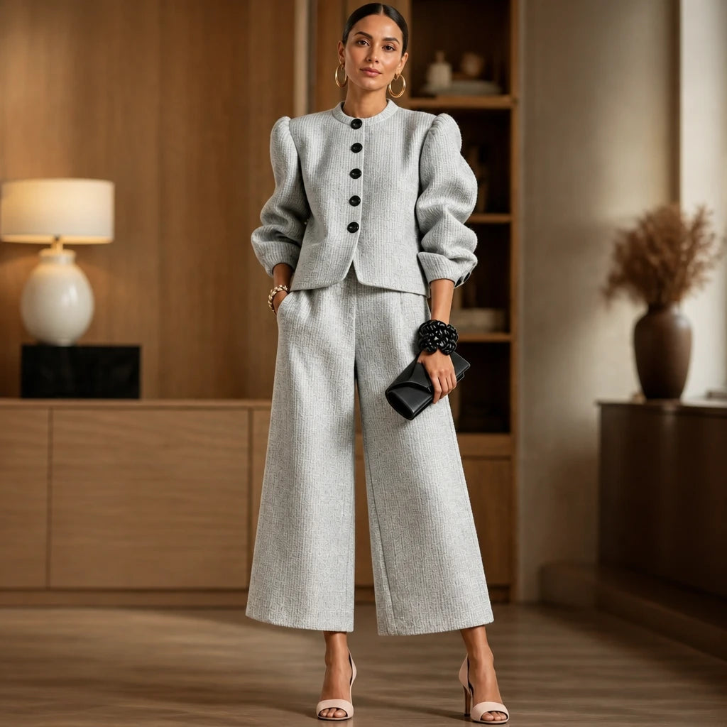 Maison Tweed – Button-Front Bouclé Puff-Sleeve Pants Set