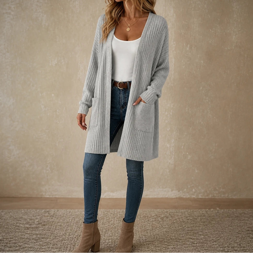 Aurelle – Long Ribbed Open-Front Cardigan