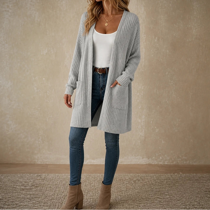 Aurelle – Long Ribbed Open-Front Cardigan