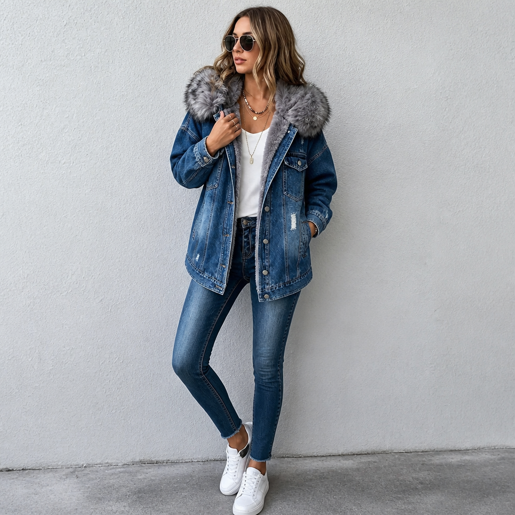 Wearbella – Fur-Collar Distressed Denim Jacket