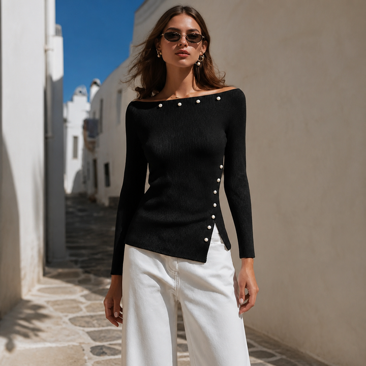 Cassidra – Pearl-Trim Off-Shoulder Ribbed Knit Top
