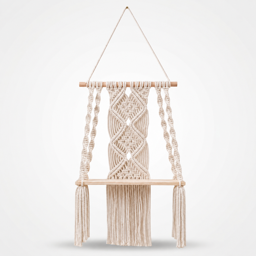 Woven Haven – Macramé Diamond Pattern Wooden Wall Shelf