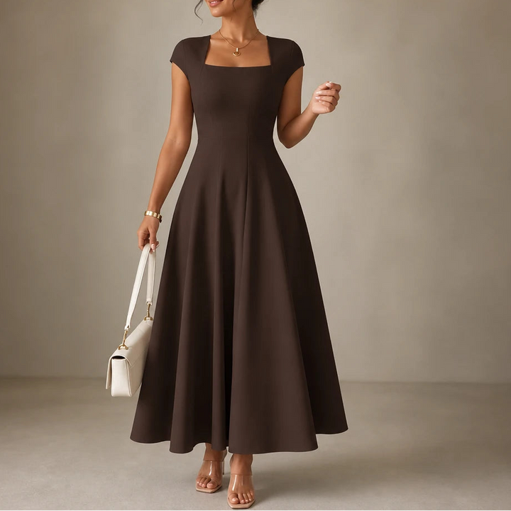 Alina – Square Neck Fitted Bodice A-Line Midi Dress