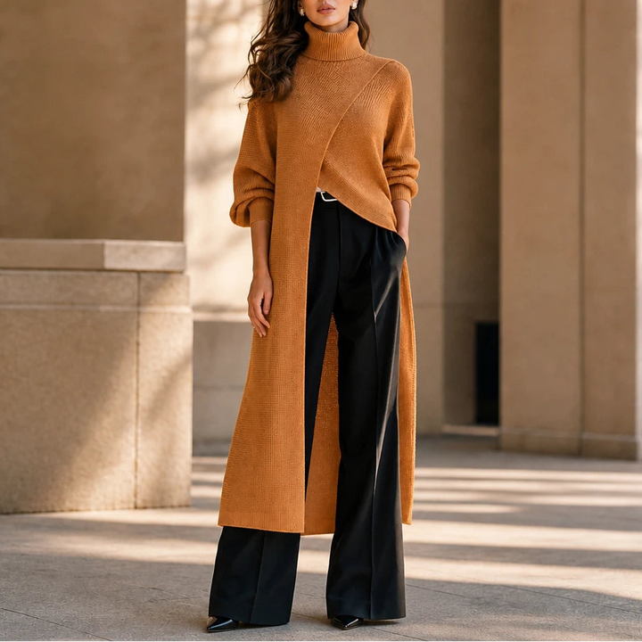 Linevera – Pit-Stripe Ribbed Asymmetric Turtleneck Top