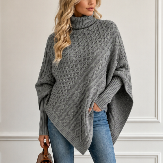 Cablelle – Asymmetric Cable-Knit Turtleneck Poncho