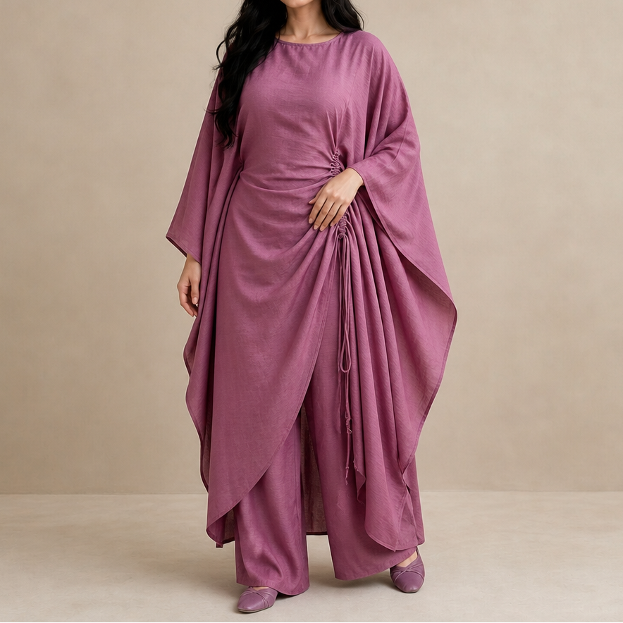 Cinchara – Ruched Waist Batwing Kaftan Two-Piece Set