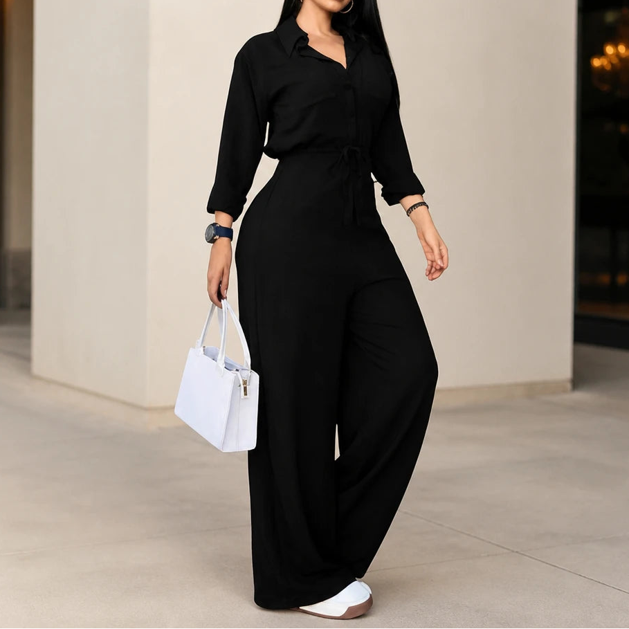 Silhouette – Collared Tie-Waist Wide-Leg Jumpsuit