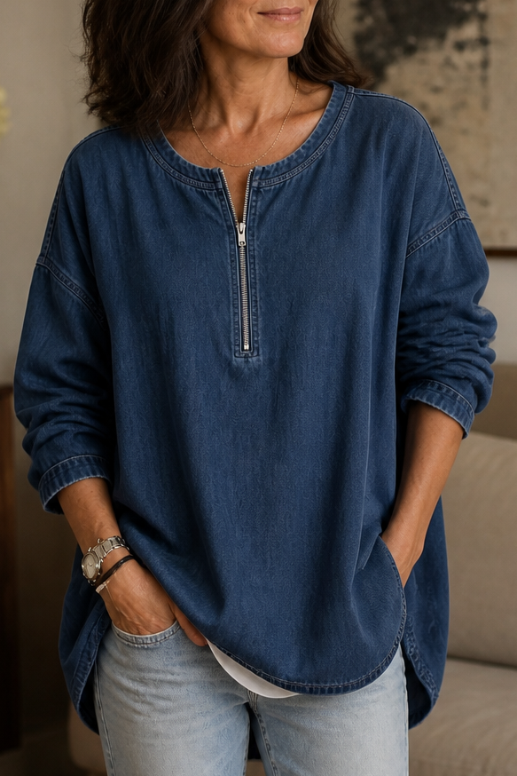 Zipdenim – Half-Zip Denim-Look Blouse