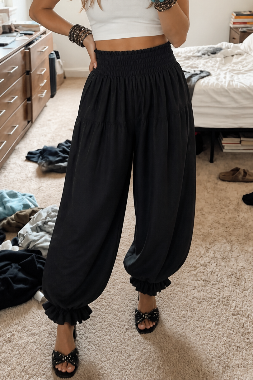 Wearbella – Smocked Waist Ruffled Hem Wide Leg Pants