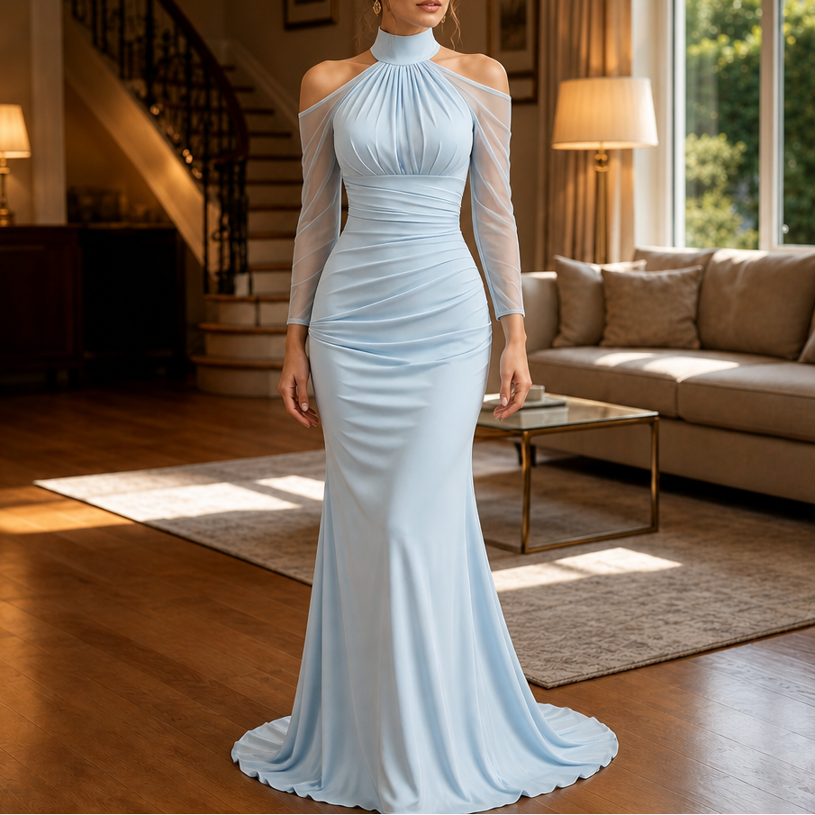 Elara – Cold-Shoulder Ruched Mermaid Evening Gown