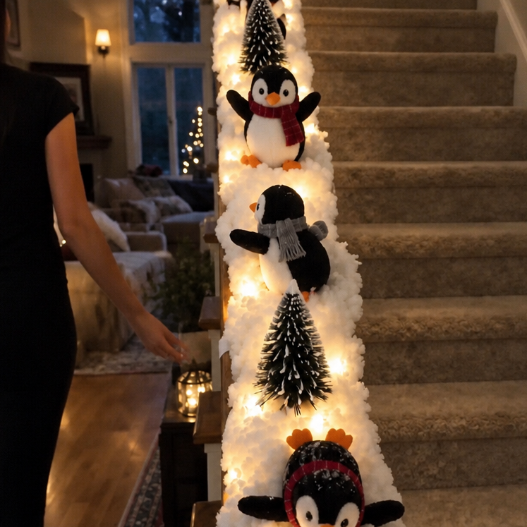 Snowy Stairway – Penguin Faux Snow Staircase Garland
