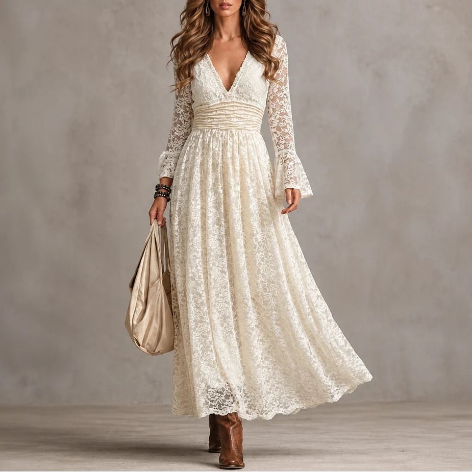 Florenza – Scalloped V-Neck Ruched Waist Lace Maxi Dress