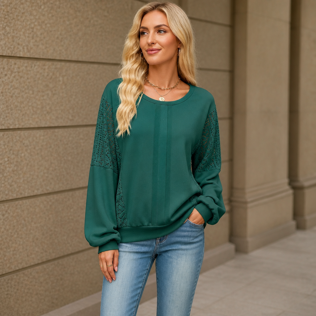 Lacebella – Floral Lace Panel Lantern-Sleeve Sweatshirt