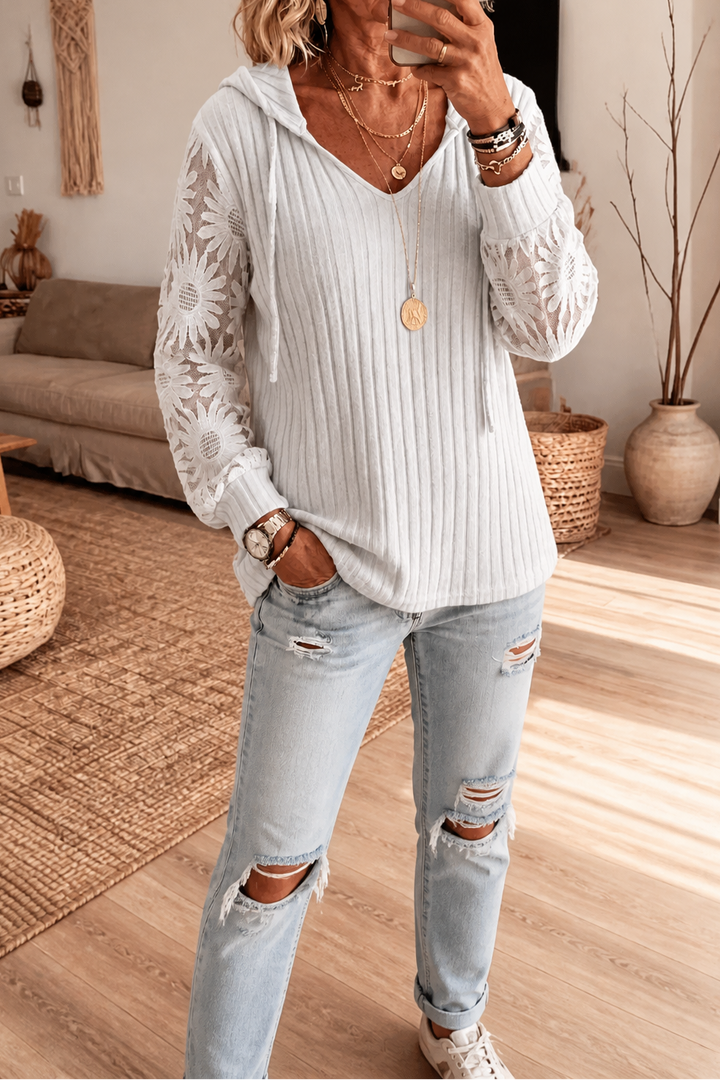 Lunetta – Lace Sleeve Ribbed Knit Hoodie Cardigan