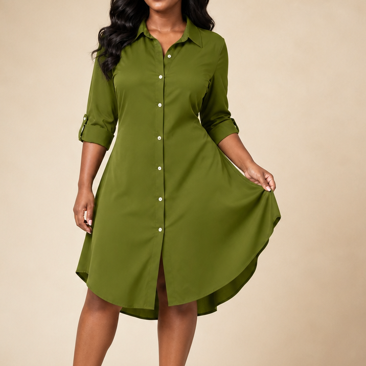 Drapeelle – Satin Button-Front Shirt Dress