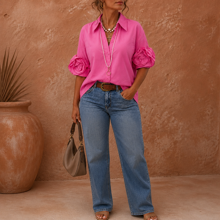 Roselle – 3D Rose-Flower Cuff Collared Blouse