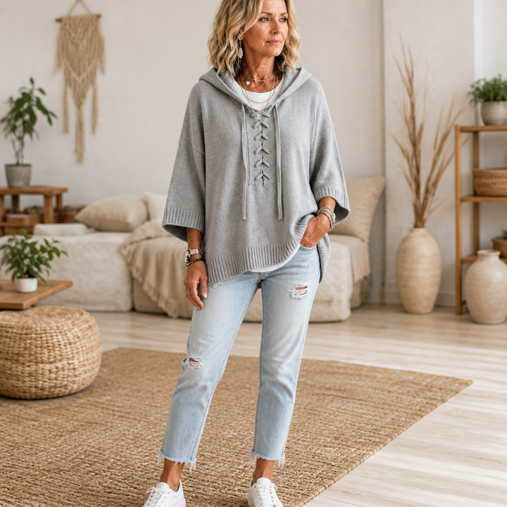 Lunarknit – Lace-Up Deep V Hooded Knit Pullover