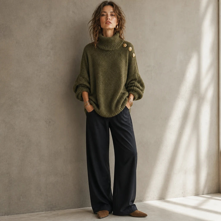 Aurelle – Gold Button Shoulder Knit Turtleneck Sweater