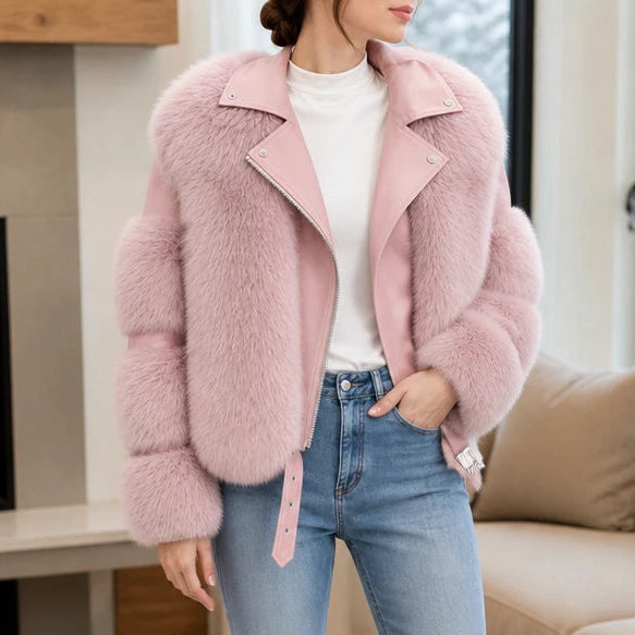 Veloura – Belted Faux Fur Biker Jacket