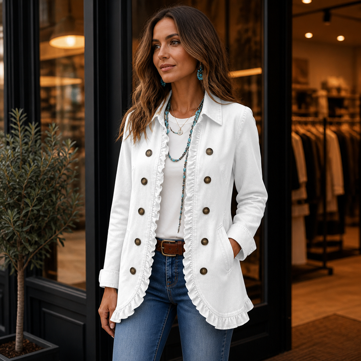 Ruffle & Row – Ruffle-Trim Button-Front Denim-Look Jacket
