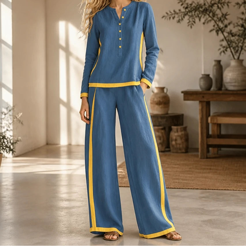 Modaform – Color-Block Long-Sleeve Top And Wide-Leg Pants Set