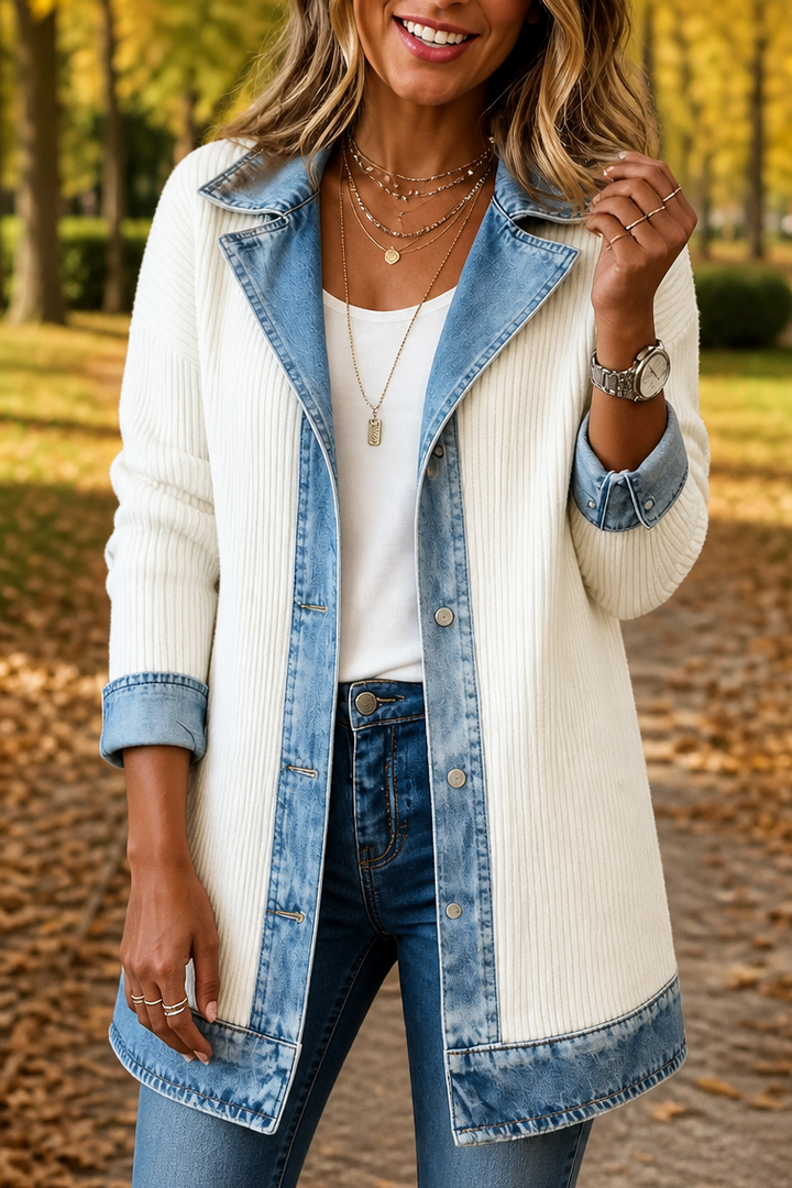 Wearbella – Denim-Look Spliced Ribbed Knit Coat