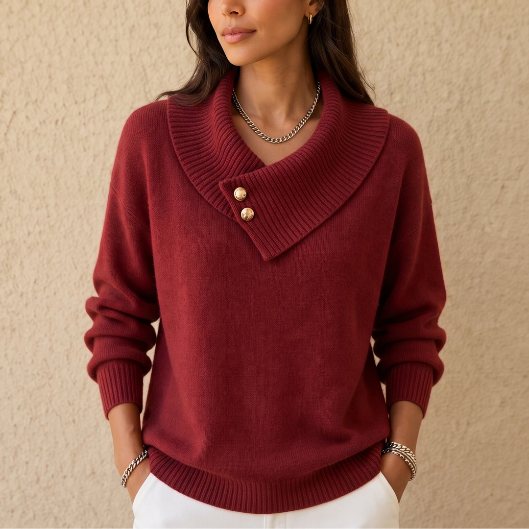 Foldelle – Asymmetrical Ribbed Collar Button Sweater