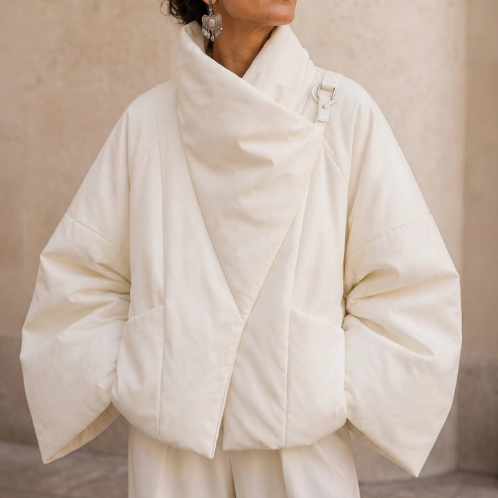 Veluna – Asymmetric Draped-Neck Puffer Jacket