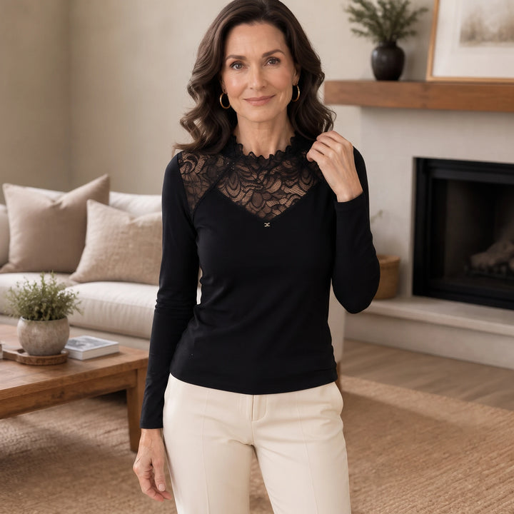 Lunelle – Scalloped Lace Rhinestone Knit Top