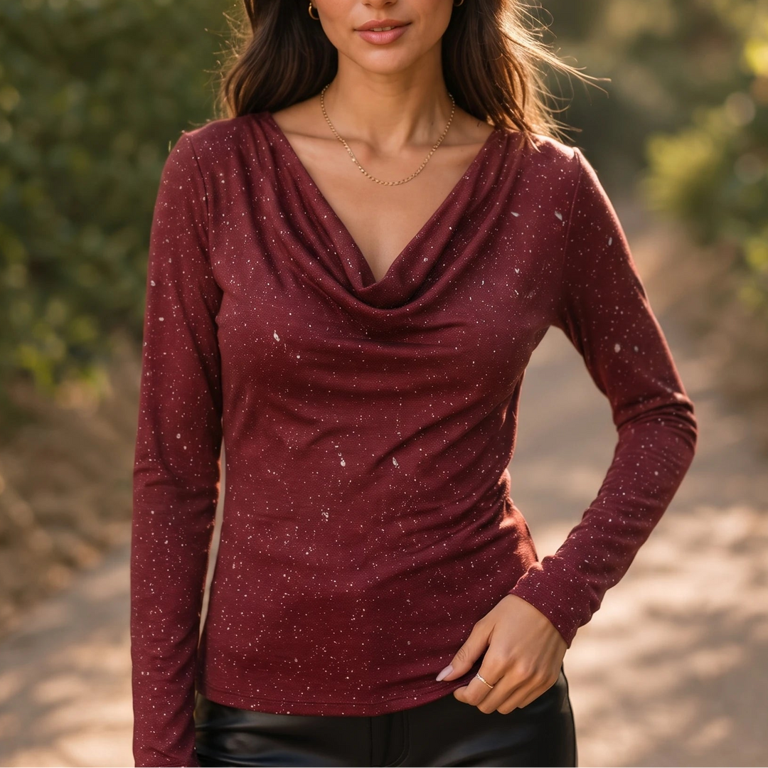 Drapeelle – Shimmer Cowl-Neck Long-Sleeve Top