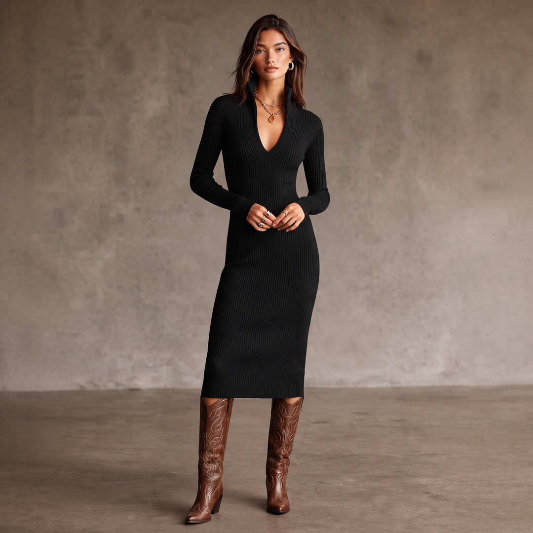 Bellora – Turtleneck V-Neck Knit Midi Dress