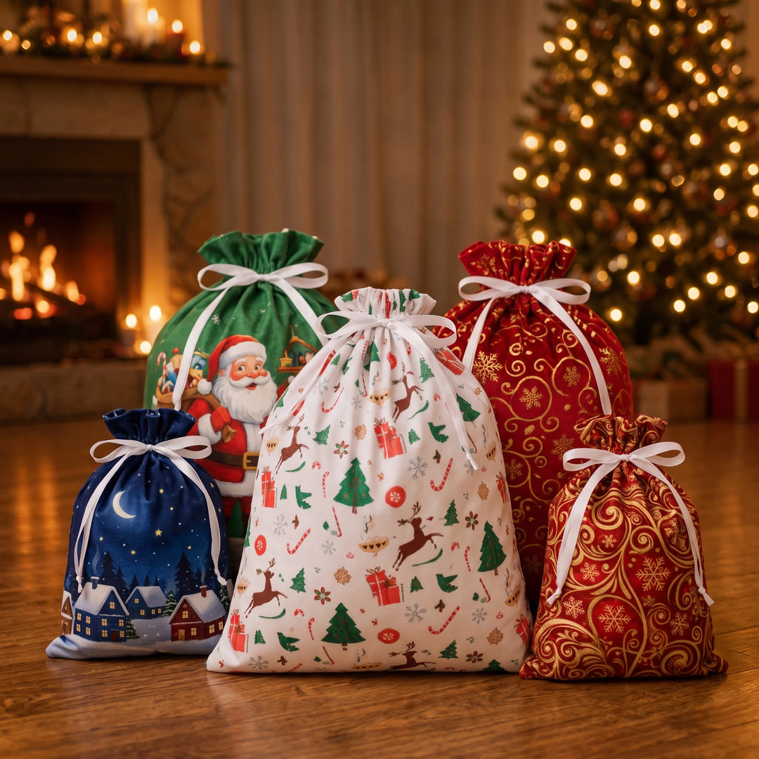 Tinsel Tuck – Assorted Christmas Drawstring Gift Bags