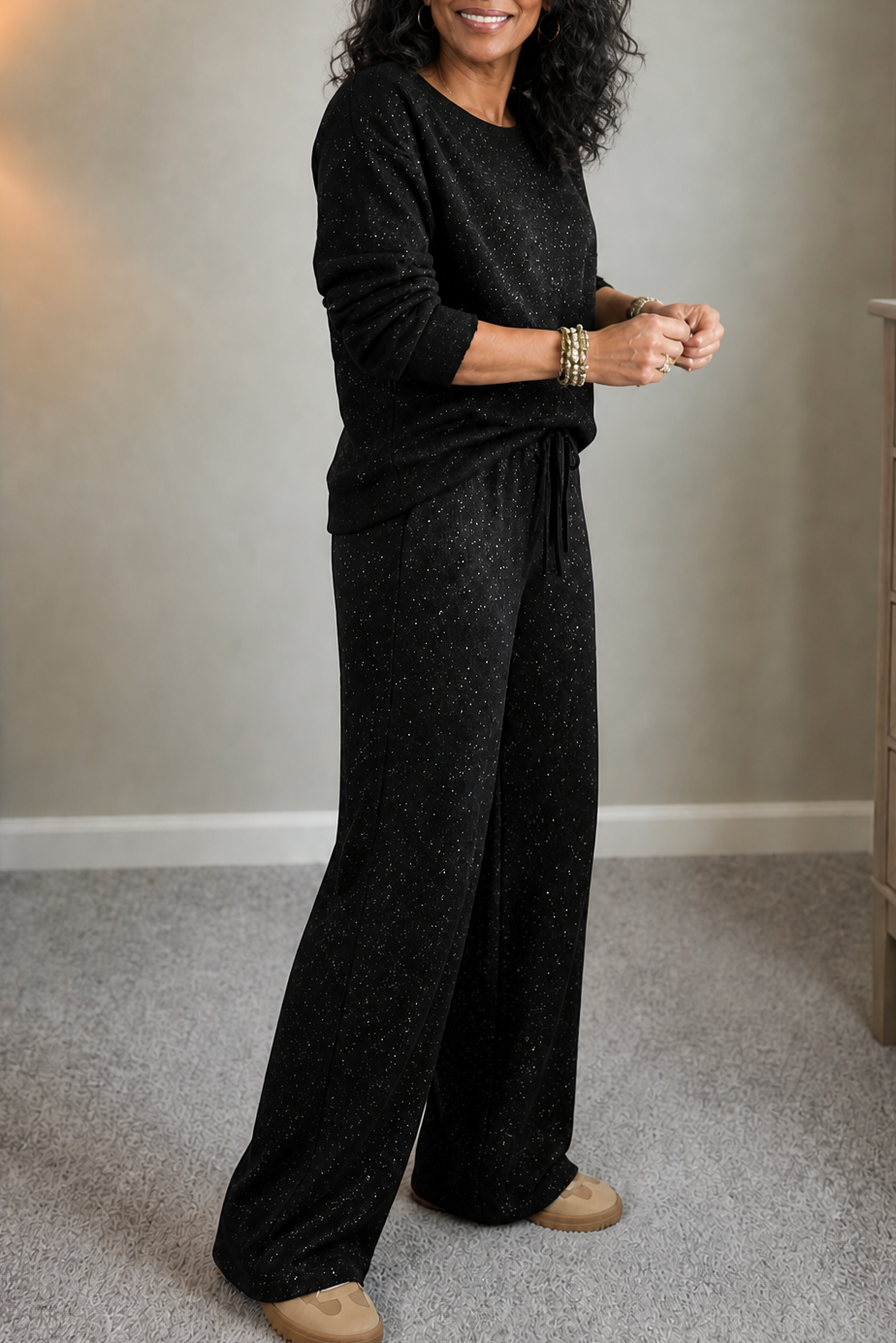 Sparklounge – Glitter-Knit Drawstring Sweater And Pants Set