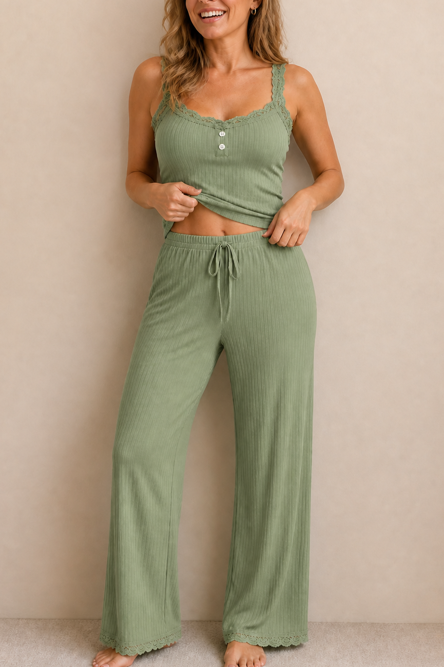 Softavie – Ribbed Lace-Look Trim Two-Piece Lounge Set