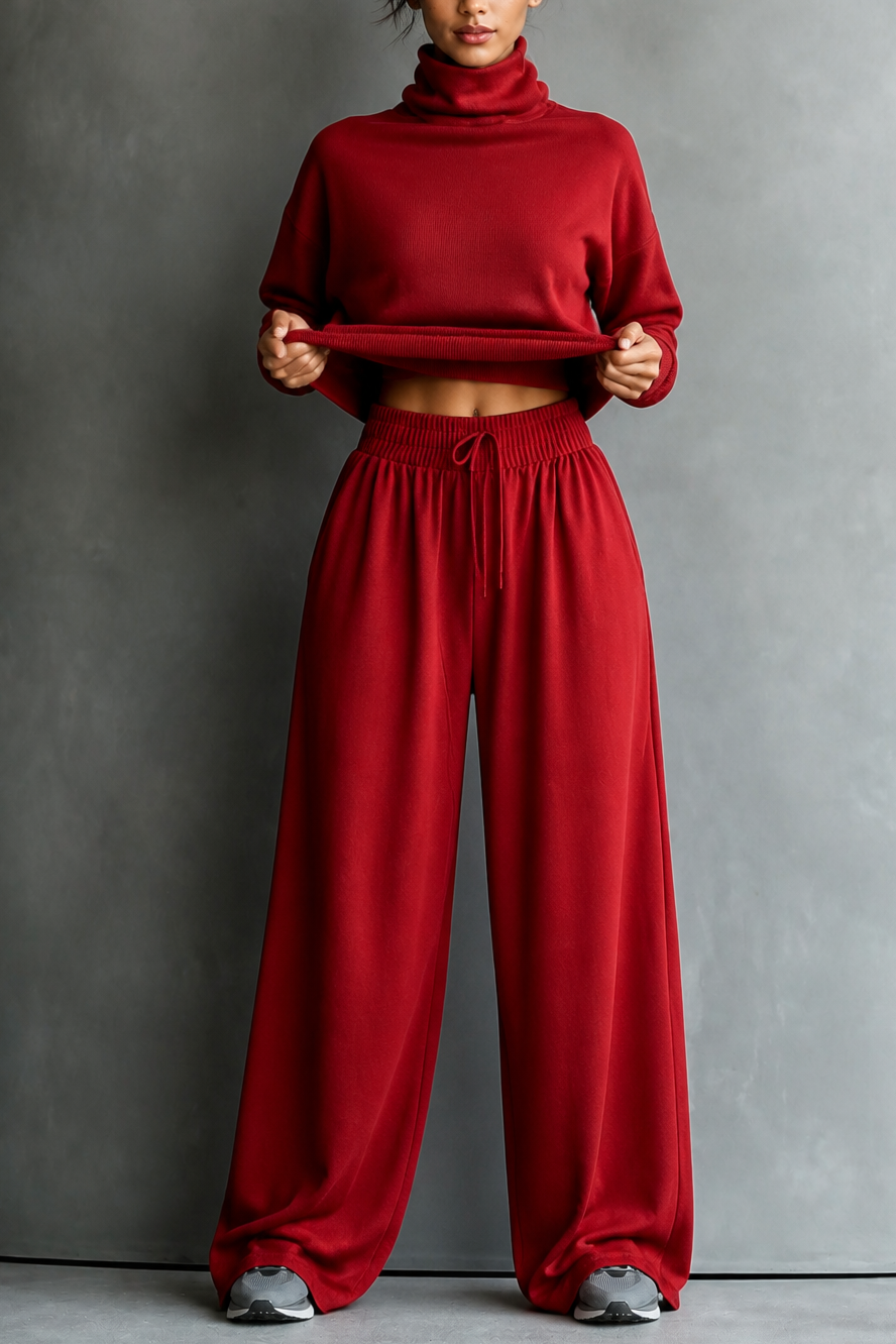 Wearbella – Turtleneck Top And Wide-Leg Pants Set