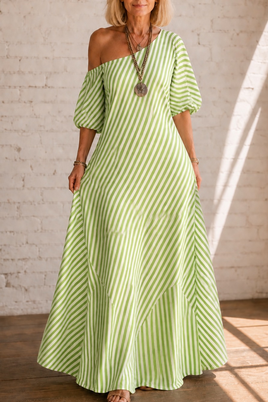 Onestrand – Striped One-Shoulder Puff Sleeve Maxi Dress