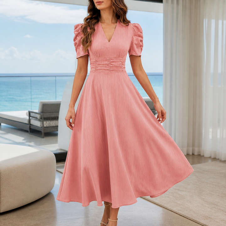 Wearbella – Ruched Waist Puff Sleeve V-Neck Midi Dress