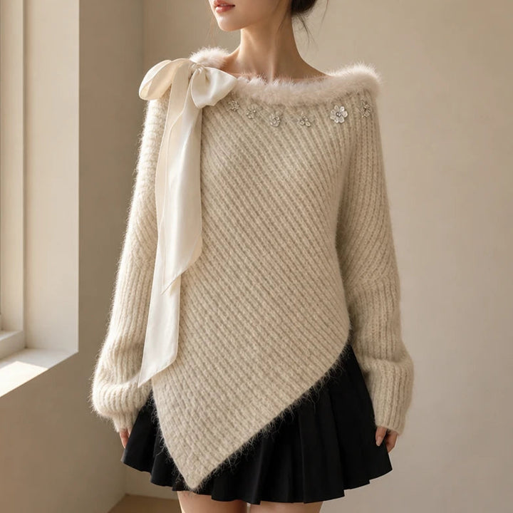 Hollytrim – Bow Floral Plush-Trim Christmas Sweater