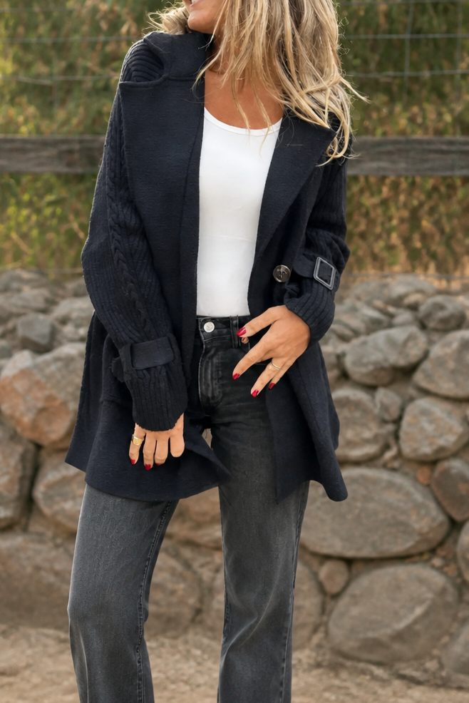 Isola – Cable-Knit Sleeve Double-Breasted Longline Coat