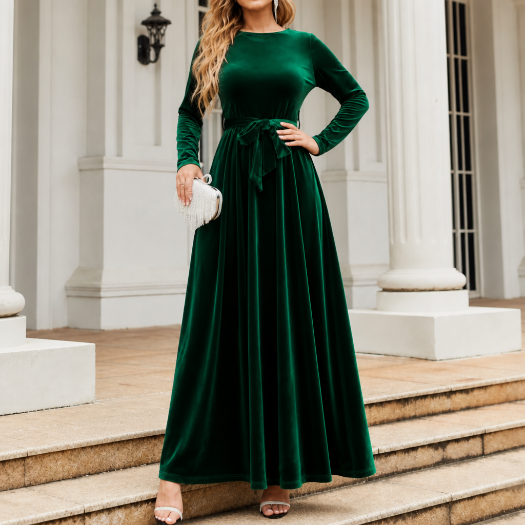 Velvora – Belted Velvet Look A-Line Maxi Dress